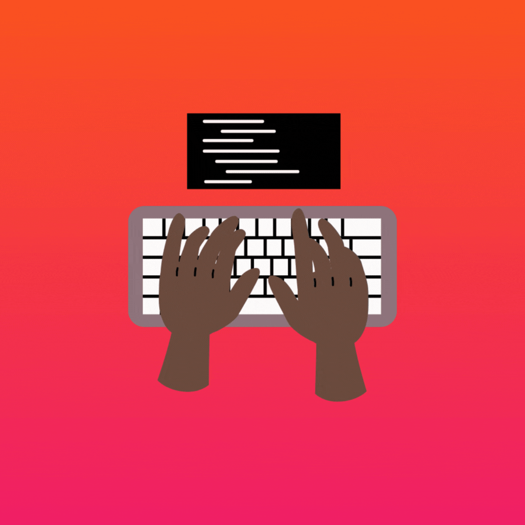 gif of hands typing on a computer with pink and orange gradient